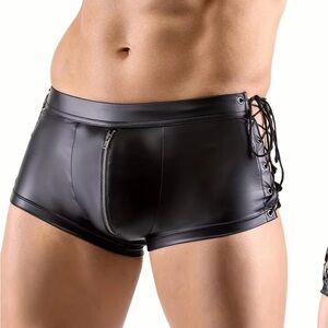 Mens Faux Leather Lace Up Sides Trunk Shorts Pose Sexy New Black Zip Up man